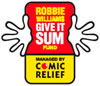 Robbie Williams Give it Sum logo. Red and Yellow mobile phone shape with two white hands